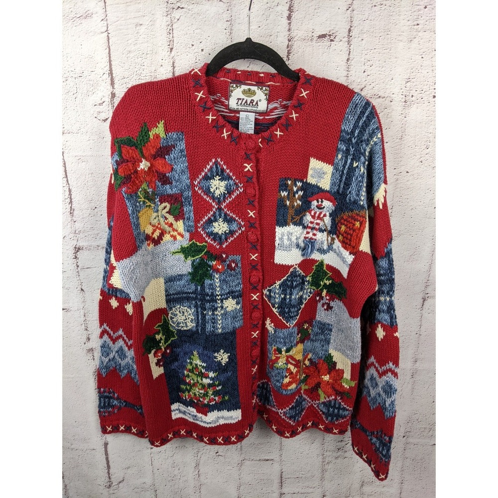 Tiara Christmas Ugly Sweater Cardigan Red Blue Snowman Large Patchwork Fair Isle
